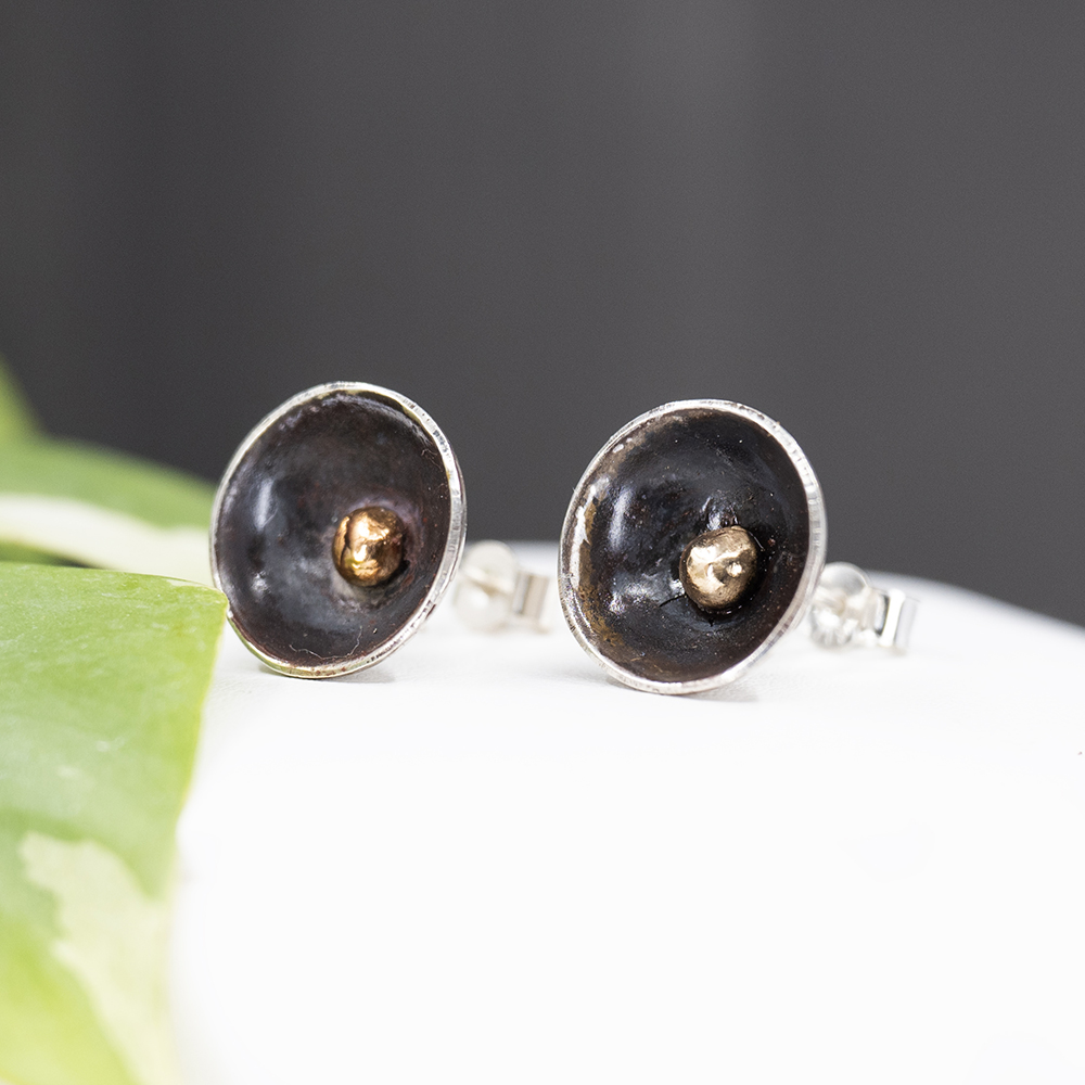 Black Patina And Gold Dome Stud Earrings